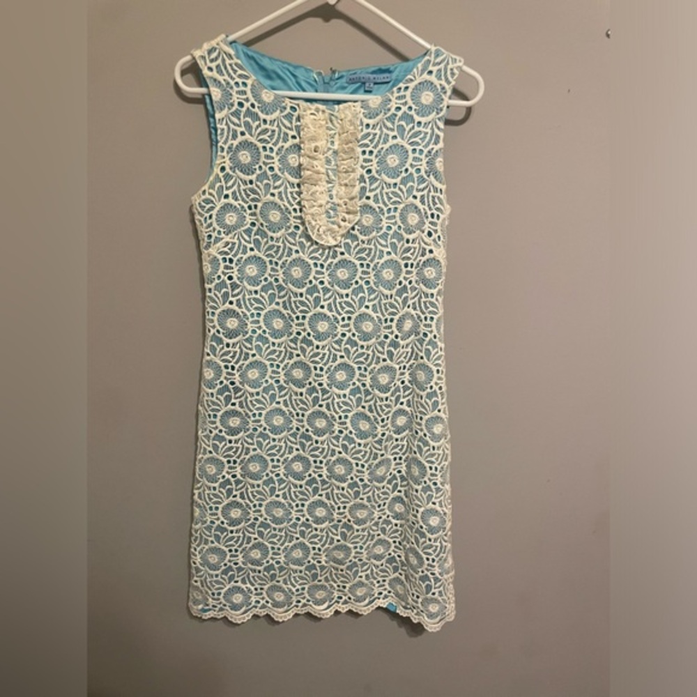 Antonio Melani Floral Embroidered Blue White Sleeveless‎ High Neckline Dress 2